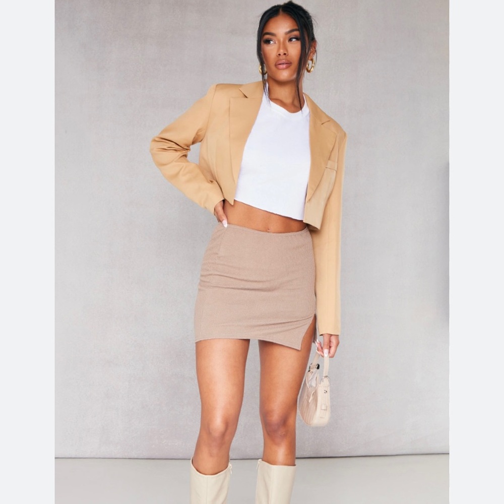 Taupe Crinkle Rib Split Hem Micro Mini Skirt